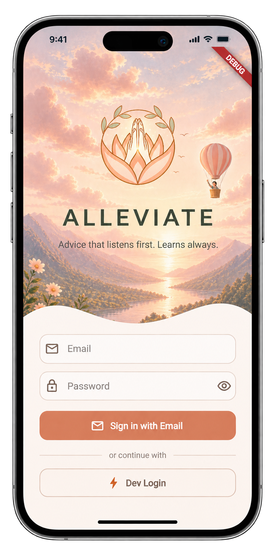 Alleviate app preview showing a calm morning home screen